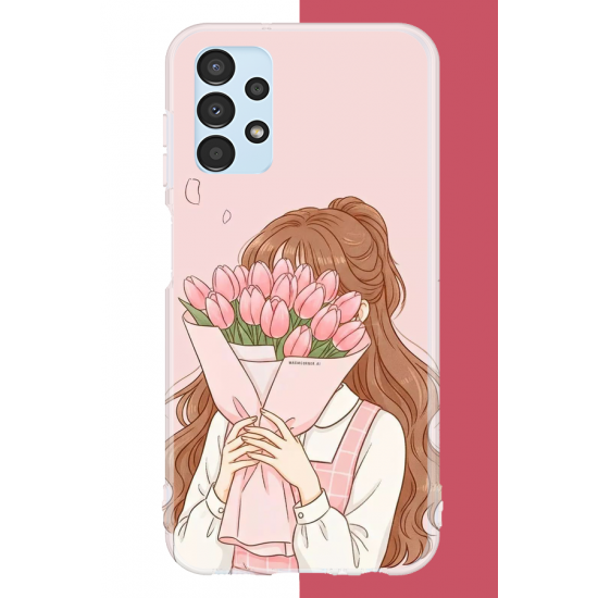 Samsung Galaxy A13 Uyumlu lale buketli kız UV Baskılı Silikon Kılıf