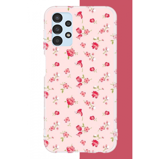 Samsung Galaxy A13 Uyumlu pembe çiçekli pattern UV Baskılı Silikon Kılıf