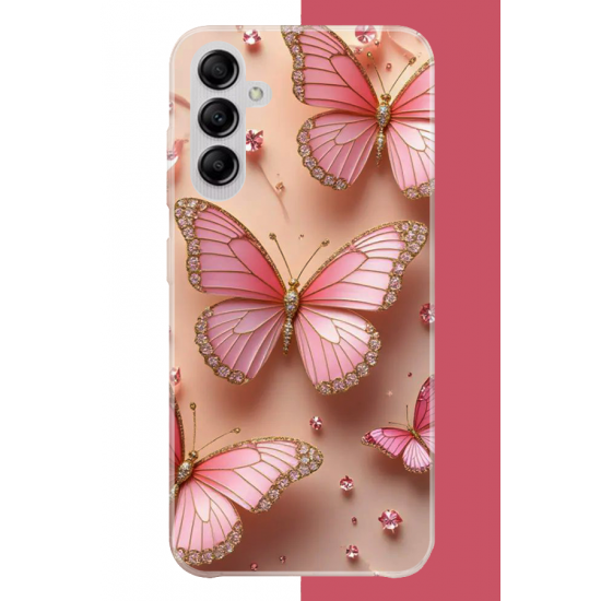 Samsung Galaxy A14 Uyumlu pembe Renkli kelebek UV Baskılı Silikon Kılıf