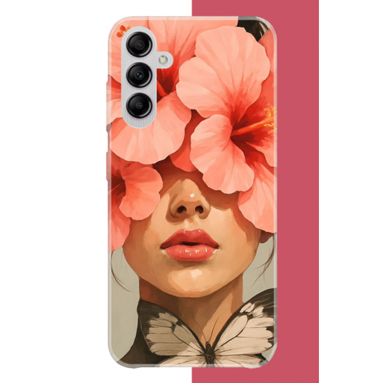 Samsung Galaxy A14 Uyumlu pembe çiçekli kadın UV Baskılı Silikon Kılıf