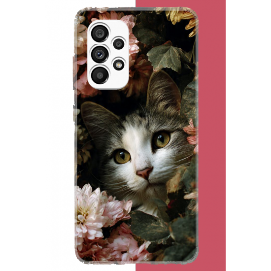 Samsung Galaxy A23 Uyumlu çiçeklere gizlenen kedi UV Baskılı Silikon Kılıf
