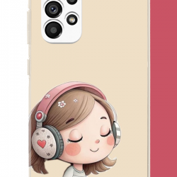 Samsung Galaxy A23 Uyumlu pembe kulaklıklı kız.jpeg UV Baskılı Silikon Kılıf