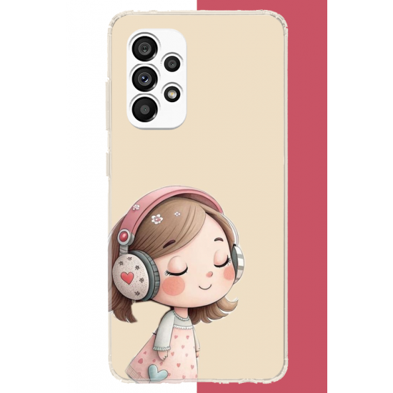 Samsung Galaxy A23 Uyumlu pembe kulaklıklı kız.jpeg UV Baskılı Silikon Kılıf