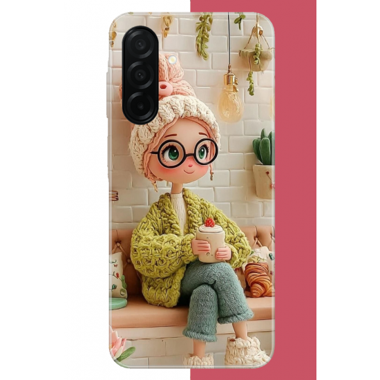 Samsung Galaxy A26 Uyumlu cafede oturan kız UV Baskılı Silikon Kılıf