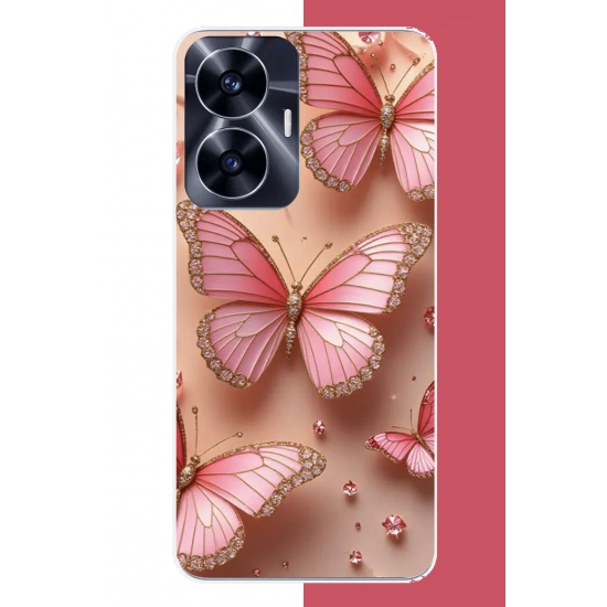 Realme C55 Uyumlu pembe taşlı kelebek UV Baskılı Silikon Kılıf