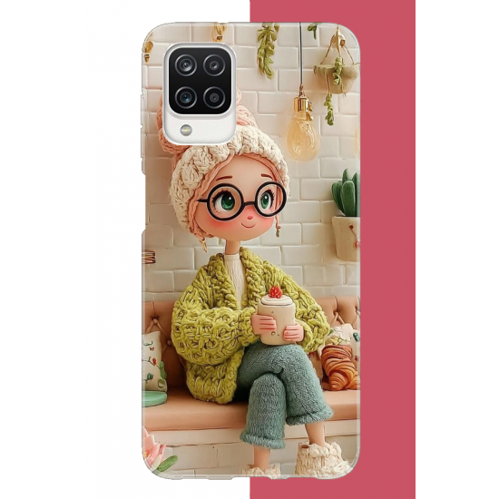 Samsung Galaxy A12-M12 Uyumlu cafede oturan kız UV Baskılı Silikon Kılıf