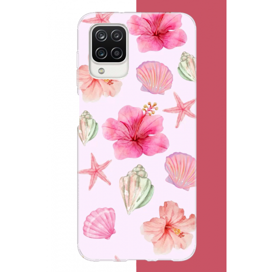 Samsung Galaxy A12-M12 Uyumlu pembe çiçek UV Baskılı Silikon Kılıf