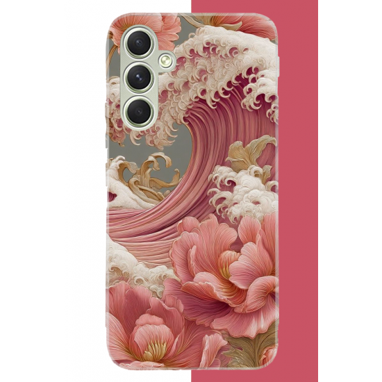 Samsung Galaxy A15 Uyumlu pembe çiçekli dalga UV Baskılı Silikon Kılıf