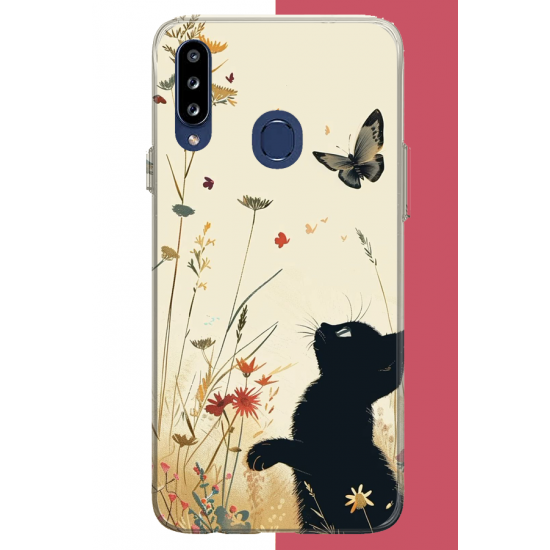 Samsung Galaxy A20S Uyumlu siyah kedi UV Baskılı Silikon Kılıf