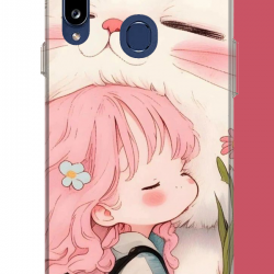 Samsung Galaxy A20S Uyumlu kawaii küçük kız ve kedi UV Baskılı Silikon Kılıf