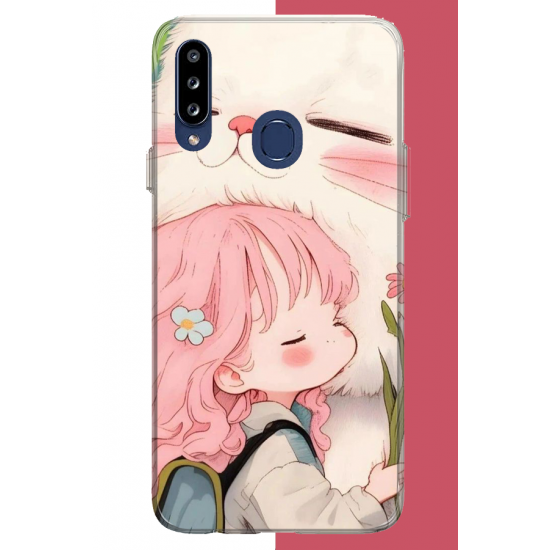 Samsung Galaxy A20S Uyumlu kawaii küçük kız ve kedi UV Baskılı Silikon Kılıf
