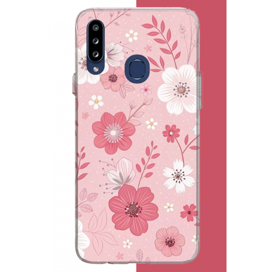 Samsung Galaxy A20S Uyumlu pembe beyaz çiçek UV Baskılı Silikon Kılıf