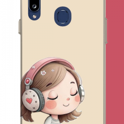 Samsung Galaxy A20S Uyumlu pembe kulaklıklı kız.jpeg UV Baskılı Silikon Kılıf