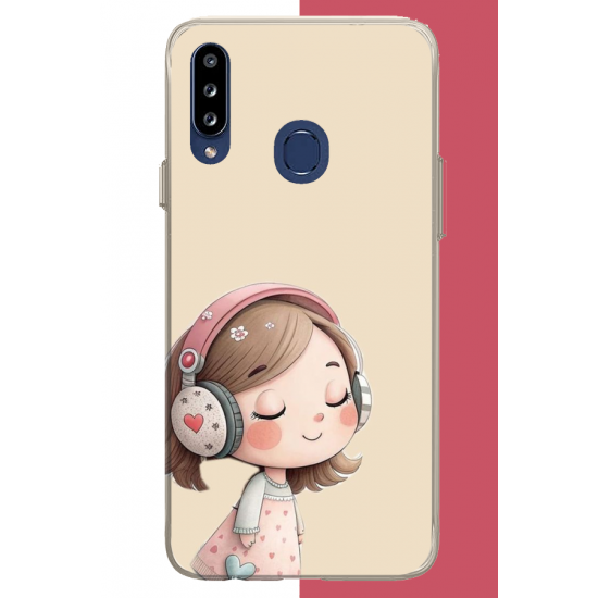Samsung Galaxy A20S Uyumlu pembe kulaklıklı kız.jpeg UV Baskılı Silikon Kılıf