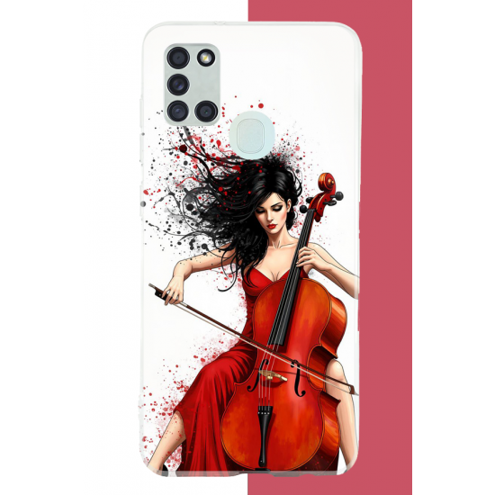 Samsung Galaxy A21S Uyumlu çello çalan kadın UV Baskılı Silikon Kılıf Samsung Galaxy A21S Uyumlu çello çalan kadın UV Baskılı Silikon Kılıf