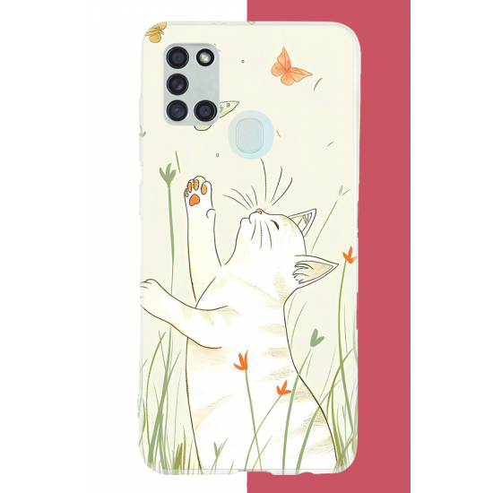 Samsung Galaxy A21S Uyumlu mutlu kedi UV Baskılı Silikon Kılıf