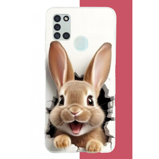 Samsung Galaxy A21S Uyumlu mutlu tavşan UV Baskılı Silikon Kılıf