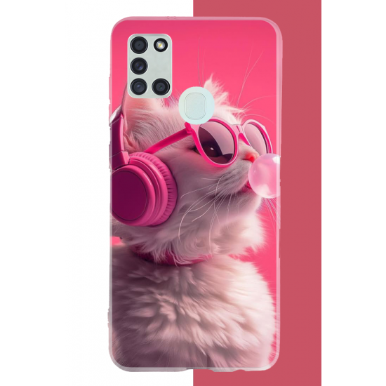 Samsung Galaxy A21S Uyumlu pembe gözlüklü kedi UV Baskılı Silikon Kılıf