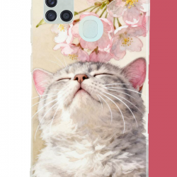 Samsung Galaxy A21S Uyumlu pembe yapraklı kedi UV Baskılı Silikon Kılıf