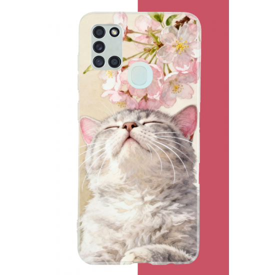 Samsung Galaxy A21S Uyumlu pembe yapraklı kedi UV Baskılı Silikon Kılıf