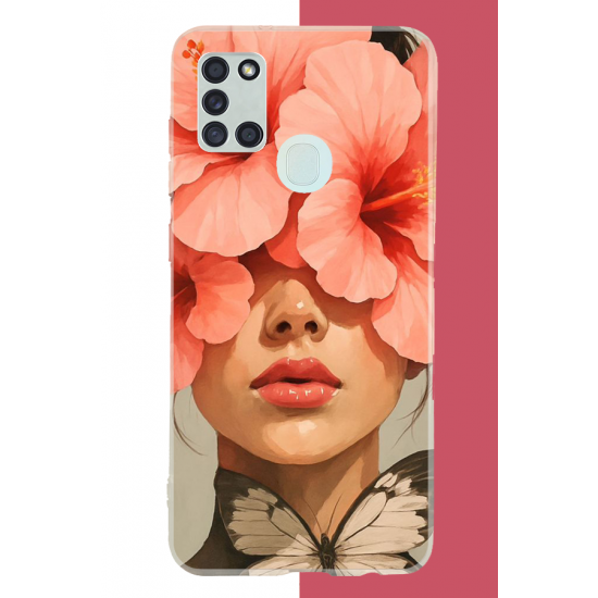 Samsung Galaxy A21S Uyumlu pembe çiçekli kadın UV Baskılı Silikon Kılıf