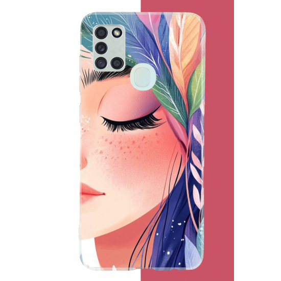 Samsung Galaxy A21S Uyumlu renkli yaprak saçlı kız.jpeg UV Baskılı Silikon Kılıf