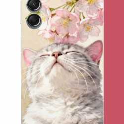 Samsung Galaxy A24 Uyumlu pembe yapraklı kedi UV Baskılı Silikon Kılıf