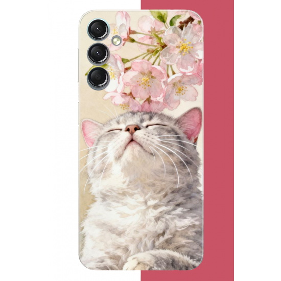 Samsung Galaxy A24 Uyumlu pembe yapraklı kedi UV Baskılı Silikon Kılıf