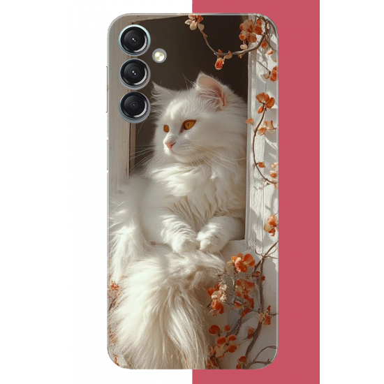 Samsung Galaxy A24 Uyumlu penceredeki beyaz kedi UV Baskılı Silikon Kılıf