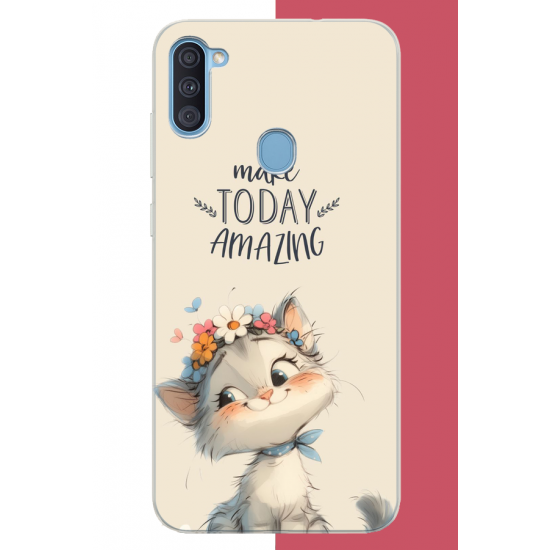 Samsung Galaxy A11-M11 Uyumlu çiçek taçlı kedi UV Baskılı Silikon Kılıf