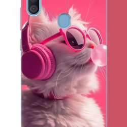 Samsung Galaxy A11-M11 Uyumlu pembe gözlüklü kedi UV Baskılı Silikon Kılıf Samsung Galaxy A11-M11 Uyumlu pembe gözlüklü kedi UV Baskılı Silikon Kılıf