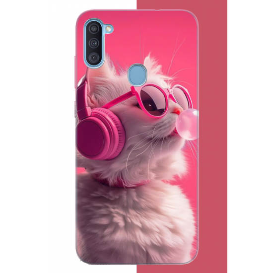 Samsung Galaxy A11-M11 Uyumlu pembe gözlüklü kedi UV Baskılı Silikon Kılıf