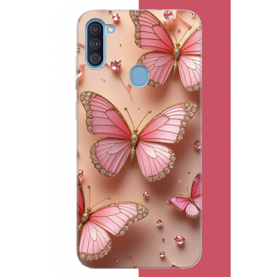 Samsung Galaxy A11-M11 Uyumlu pembe Renkli kelebek UV Baskılı Silikon Kılıf