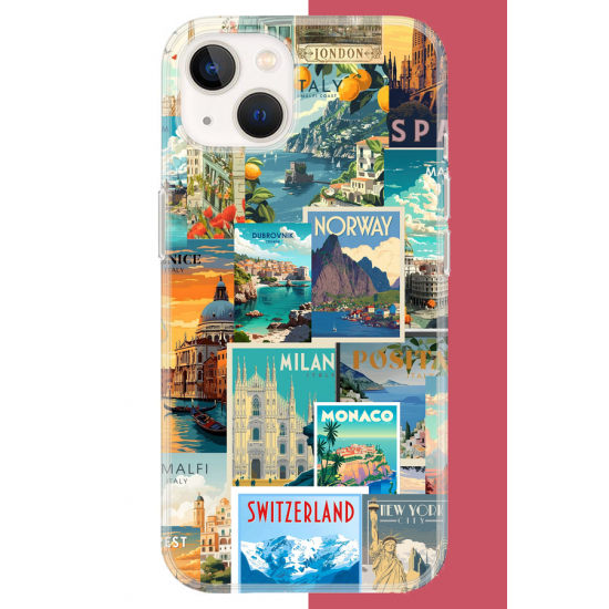 iPhone 13-14 Uyumlu Kart Postal Kolaj UV Baskılı Silikon Kılıf