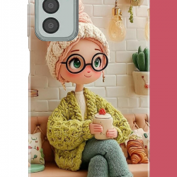 Samsung Galaxy M13-M23 Uyumlu cafede oturan kız UV Baskılı Silikon Kılıf