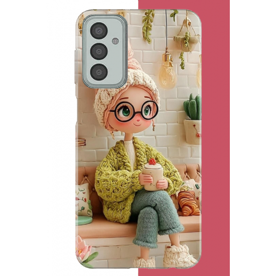 Samsung Galaxy M13-M23 Uyumlu cafede oturan kız UV Baskılı Silikon Kılıf