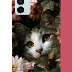 Samsung Galaxy M14 Uyumlu çiçeklere gizlenen kedi UV Baskılı Silikon Kılıf