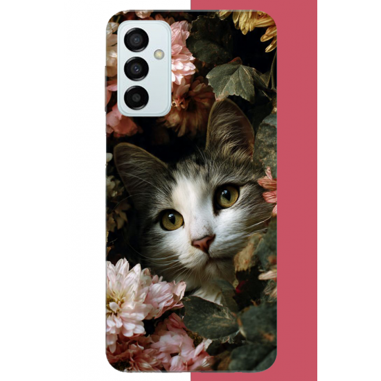 Samsung Galaxy M14 Uyumlu çiçeklere gizlenen kedi UV Baskılı Silikon Kılıf