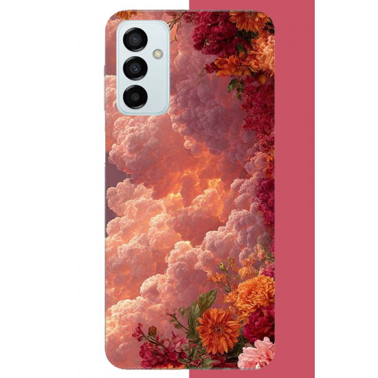 Samsung Galaxy M14 Uyumlu kırmızı bulut ve çiçekler UV Baskılı Silikon Kılıf