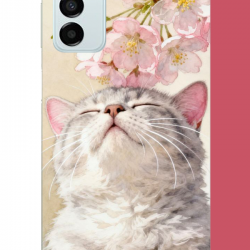 Samsung Galaxy M14 Uyumlu pembe yapraklı kedi UV Baskılı Silikon Kılıf