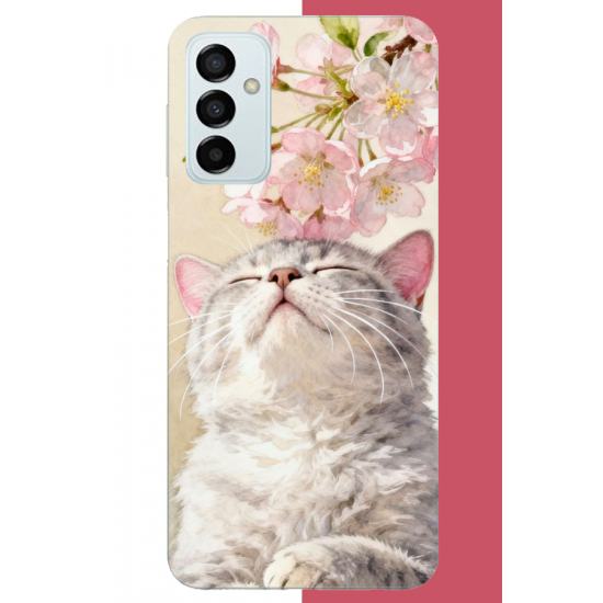 Samsung Galaxy M14 Uyumlu pembe yapraklı kedi UV Baskılı Silikon Kılıf Samsung Galaxy M14 Uyumlu pembe yapraklı kedi UV Baskılı Silikon Kılıf
