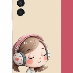 Samsung Galaxy M15 Uyumlu pembe kulaklıklı kız.jpeg UV Baskılı Silikon Kılıf