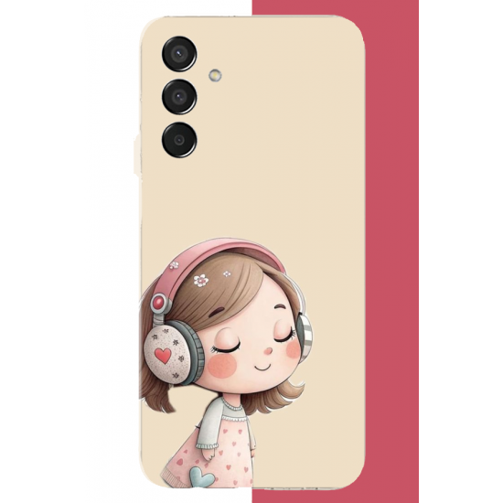 Samsung Galaxy M15 Uyumlu pembe kulaklıklı kız.jpeg UV Baskılı Silikon Kılıf