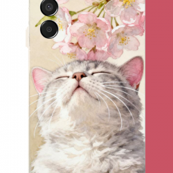 Samsung Galaxy M15 Uyumlu pembe yapraklı kedi UV Baskılı Silikon Kılıf