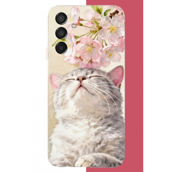 Samsung Galaxy M15 Uyumlu pembe yapraklı kedi UV Baskılı Silikon Kılıf