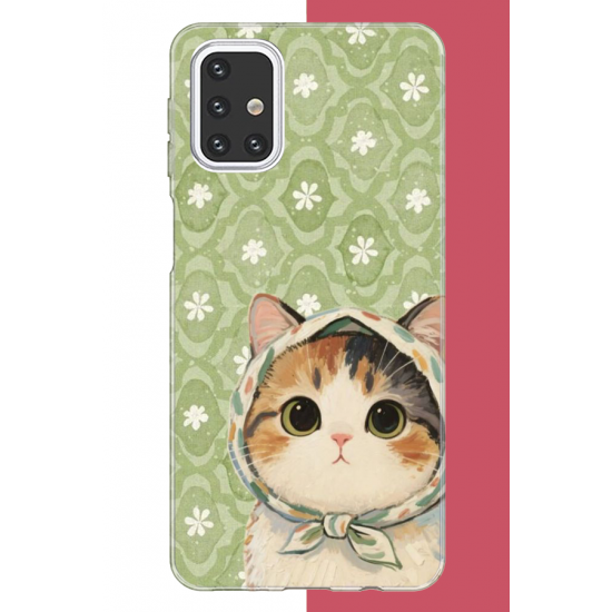 Samsung Galaxy M31s Uyumlu yeşil fularlı kedi UV Baskılı Silikon Kılıf