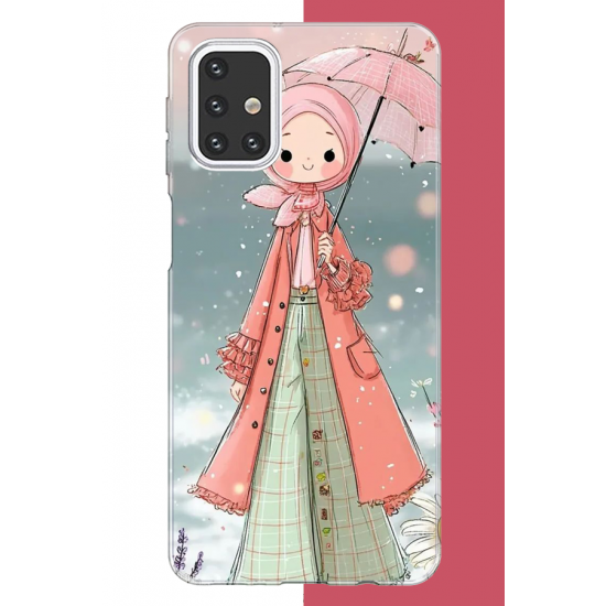 Samsung Galaxy M31s Uyumlu pembe şemsiyeli kız UV Baskılı Silikon Kılıf