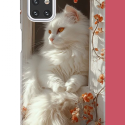 Samsung Galaxy M31s Uyumlu penceredeki beyaz kedi UV Baskılı Silikon Kılıf
