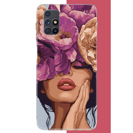 Samsung Galaxy M51 Uyumlu mor çiçekli kadın UV Baskılı Silikon Kılıf