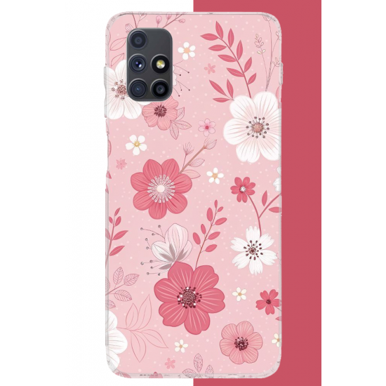 Samsung Galaxy M51 Uyumlu pembe beyaz çiçek UV Baskılı Silikon Kılıf